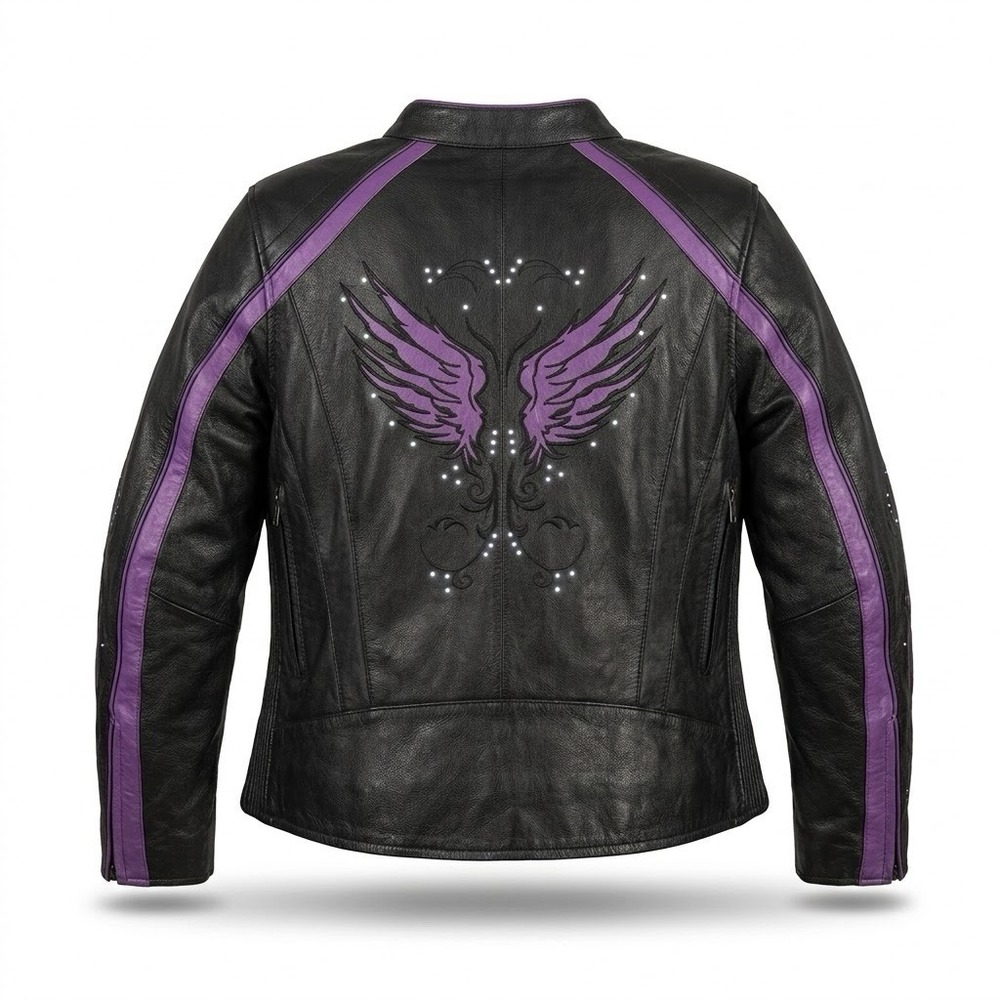 Milwaukee Leather 1952 Women Embroidered Wings Stud Purple Motorcycle Jacket XXL